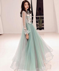 Green Tulle Lace Applique Long Prom Dress, Green Evening Dress, 1