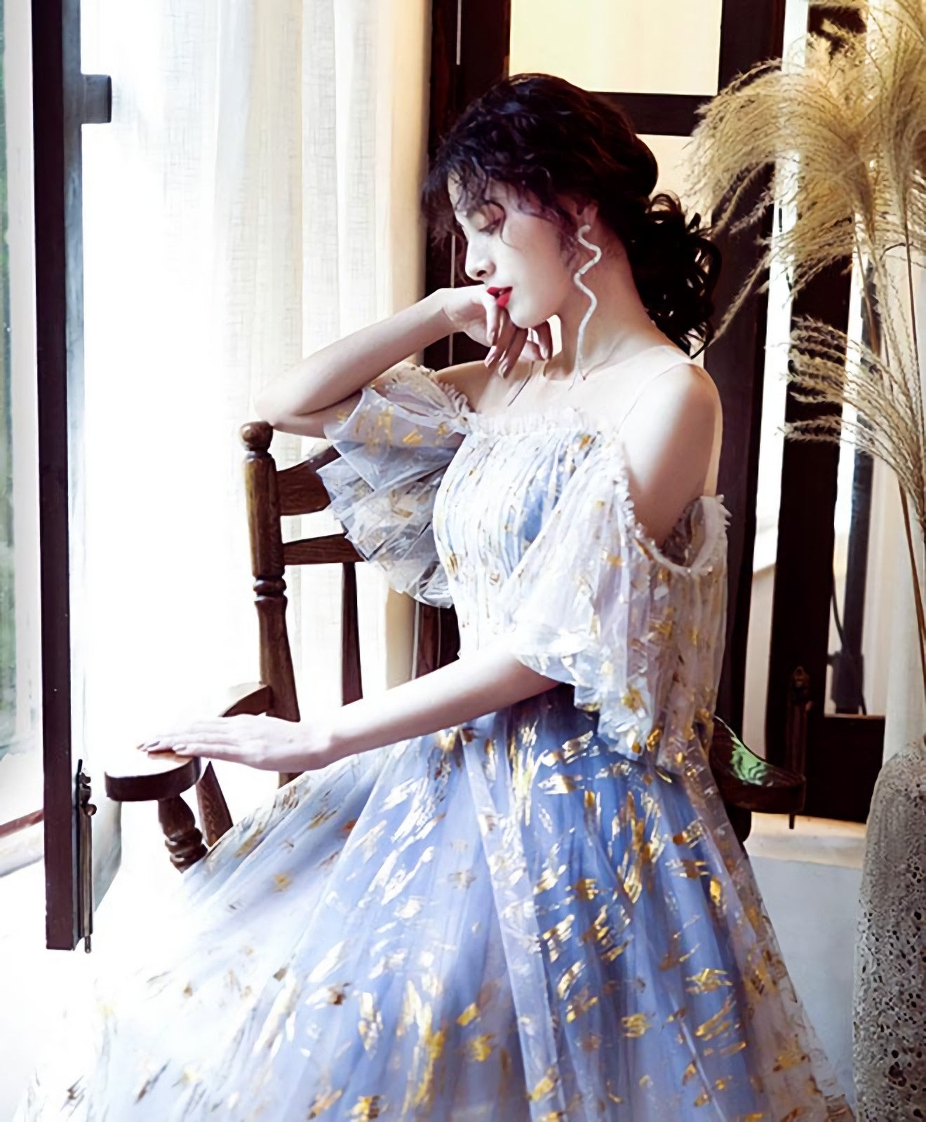 Unique Tulle Off Lace Long Prom Dress, Tulle Formal Dress