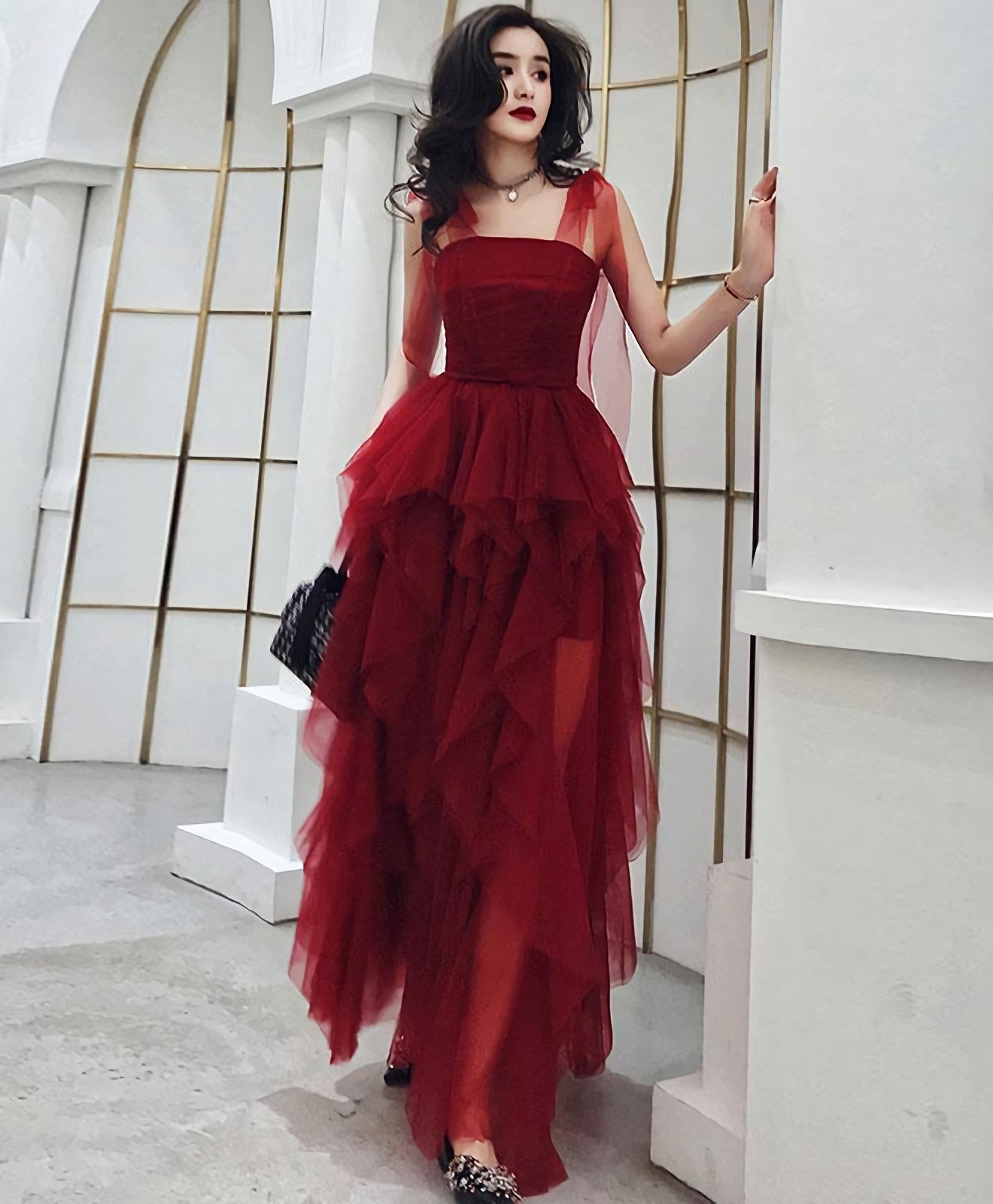 Burgundy Sweetheart Tulle Long Prom Dress, Burgundy Evening Dress, 1 Main image