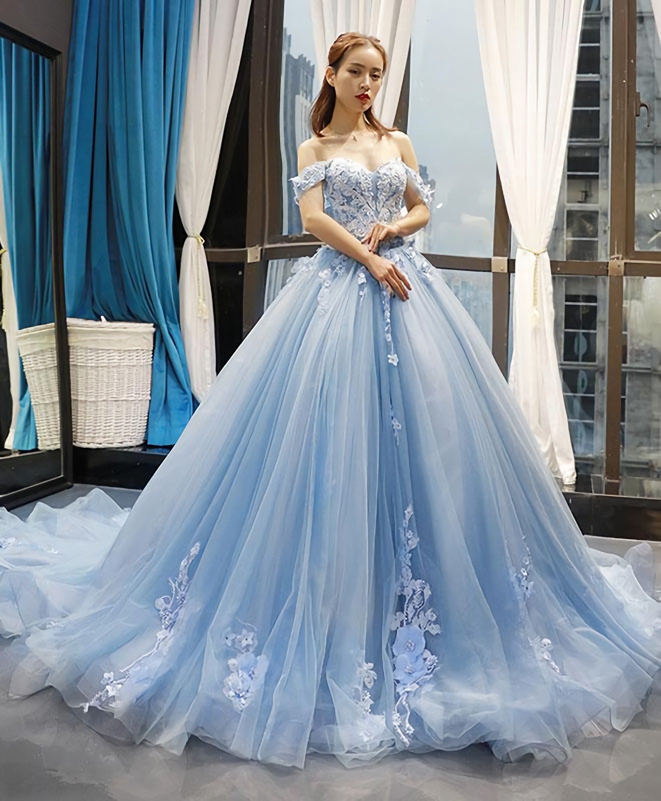 Blue Off Shoulder Tulle Lace Long Prom Gown Blue Evening Dress