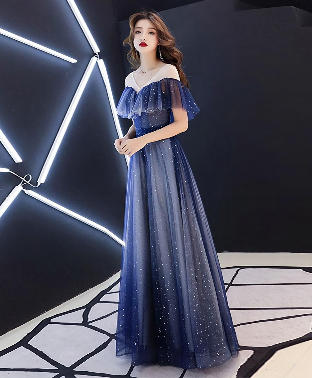 Blue V Neck Tulle Long Prom Dress, Blue Tulle Evening Dress