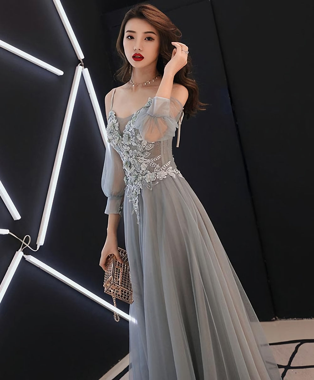 Gray Sweetheart A Line Tulle Lace Long Prom Dress, Gray Evening Dress