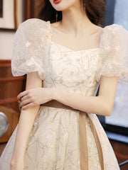 White A Line Lace Tulle Short Prom Dress, White Homecoming Dress