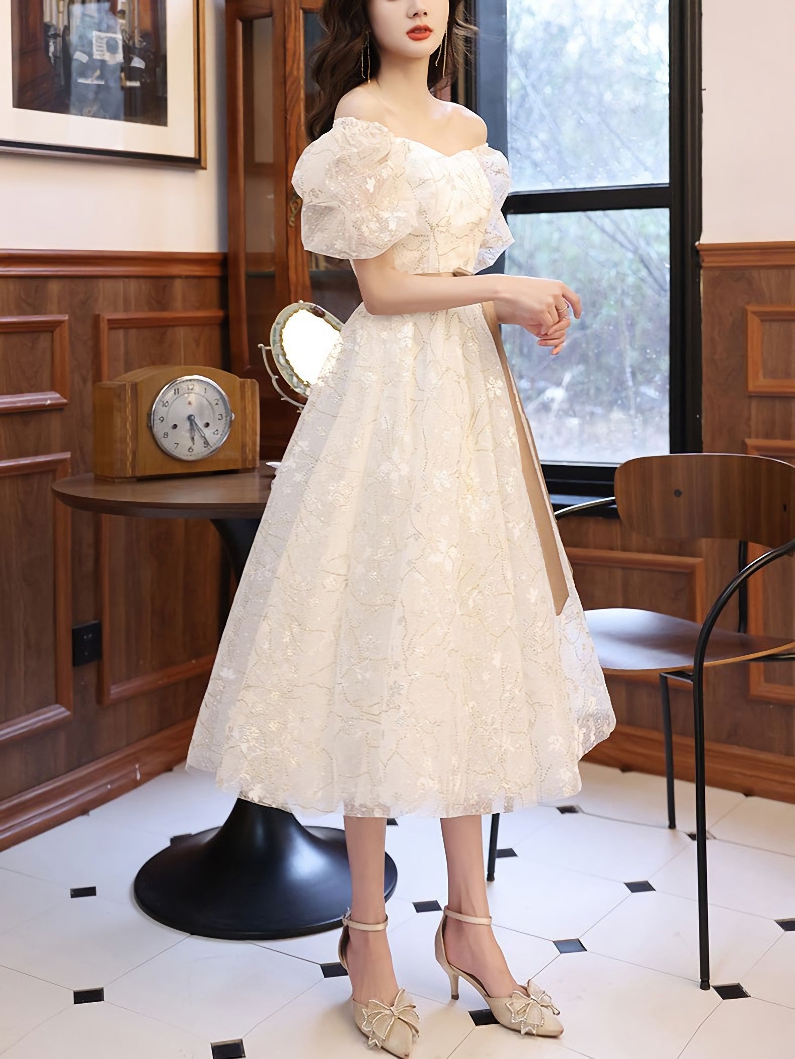 White A Line Lace Tulle Short Prom Dress, White Homecoming Dress