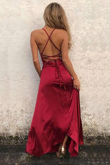 Red A Line Spaghetti Straps Sleeveless Floor Length Sexy Slit Prom Dresses