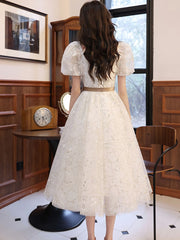 White A Line Lace Tulle Short Prom Dress, White Homecoming Dress