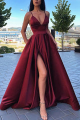 Simple A Line V Neck Red Long Prom Dresses Formal Evening Dress With Pockets