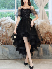 Black Sweetheart Tulle Lace High Low Prom Dress, Black Evening Dress