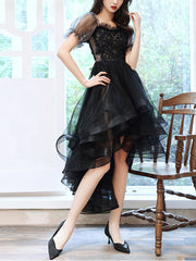 Black Sweetheart Tulle Lace High Low Prom Dress, Black Evening Dress