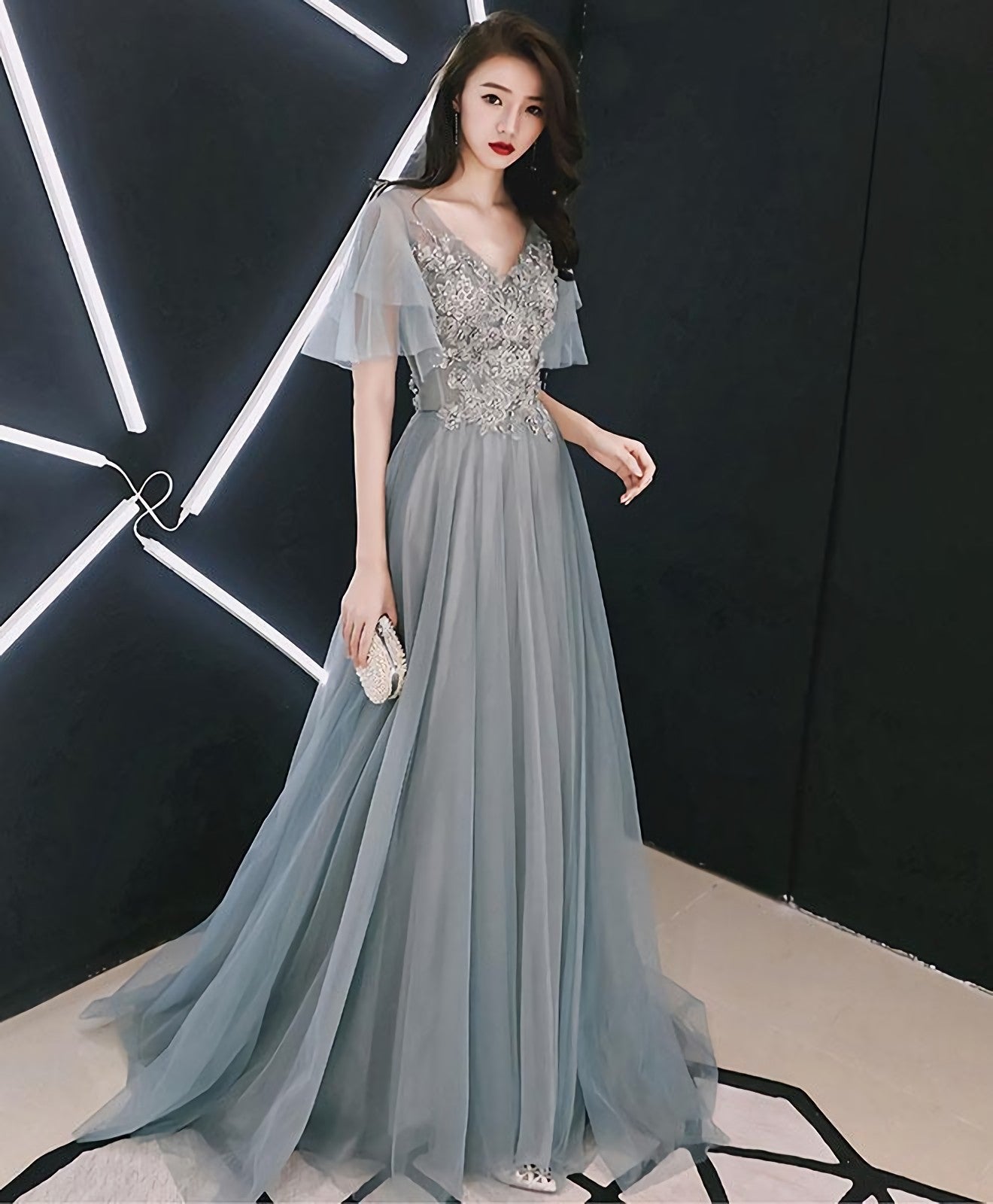 Gray V Neck Cap Sleeve Tulle Lace Long Prom Dress, Evening Dress