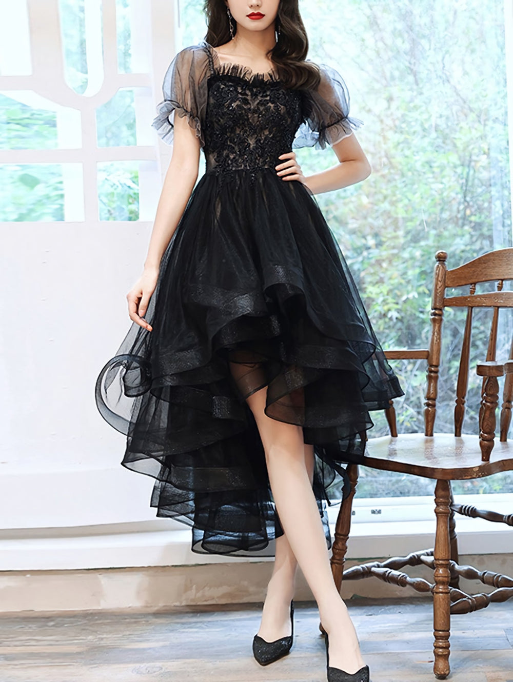 Black Sweetheart Tulle Lace High Low Prom Dress, Black Evening Dress