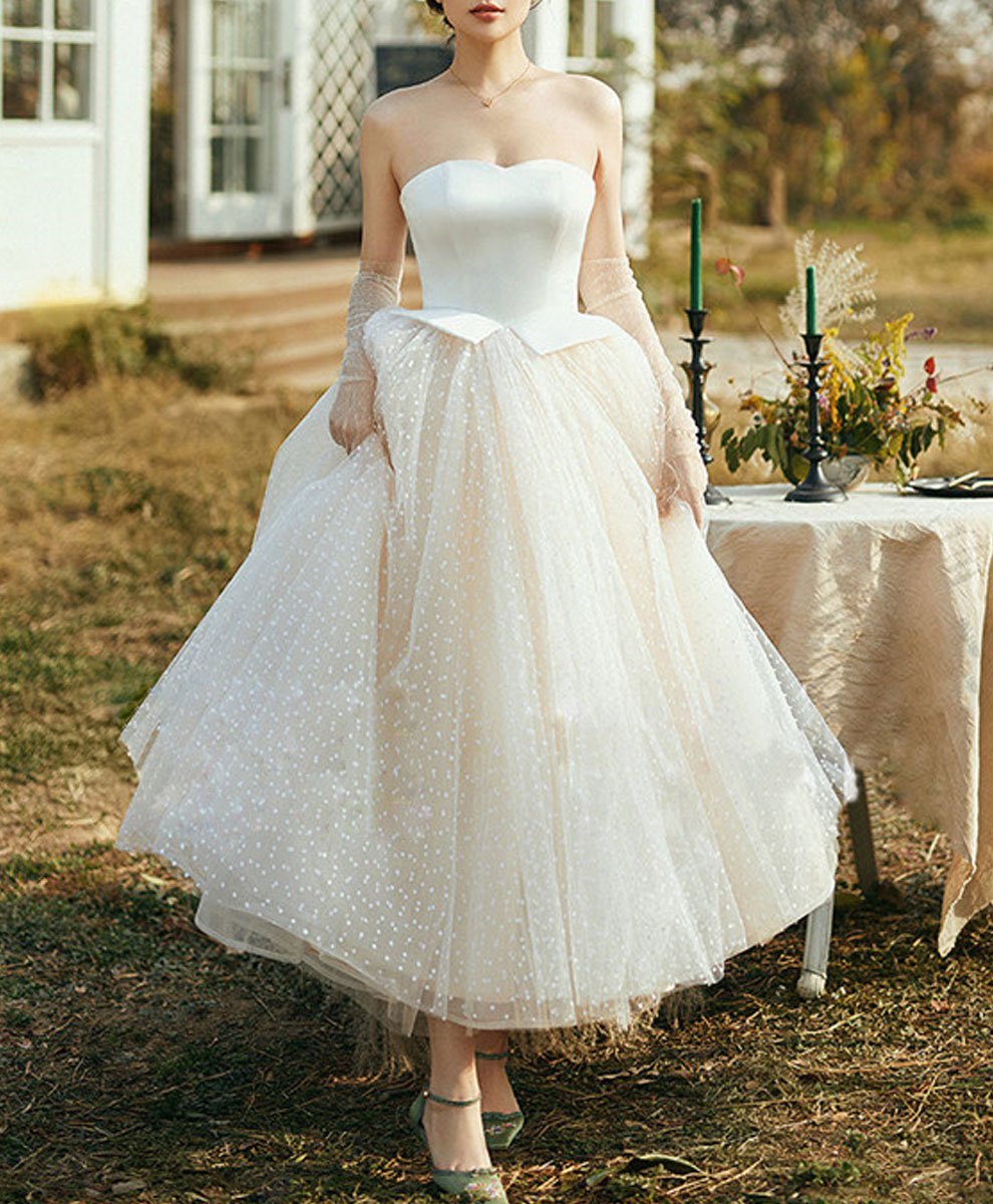 Champagne Tulle Retro Short Dress, Tulle Tea Length Prom Dress