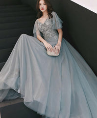Gray V Neck Cap Sleeve Tulle Lace Long Prom Dress, Evening Dress