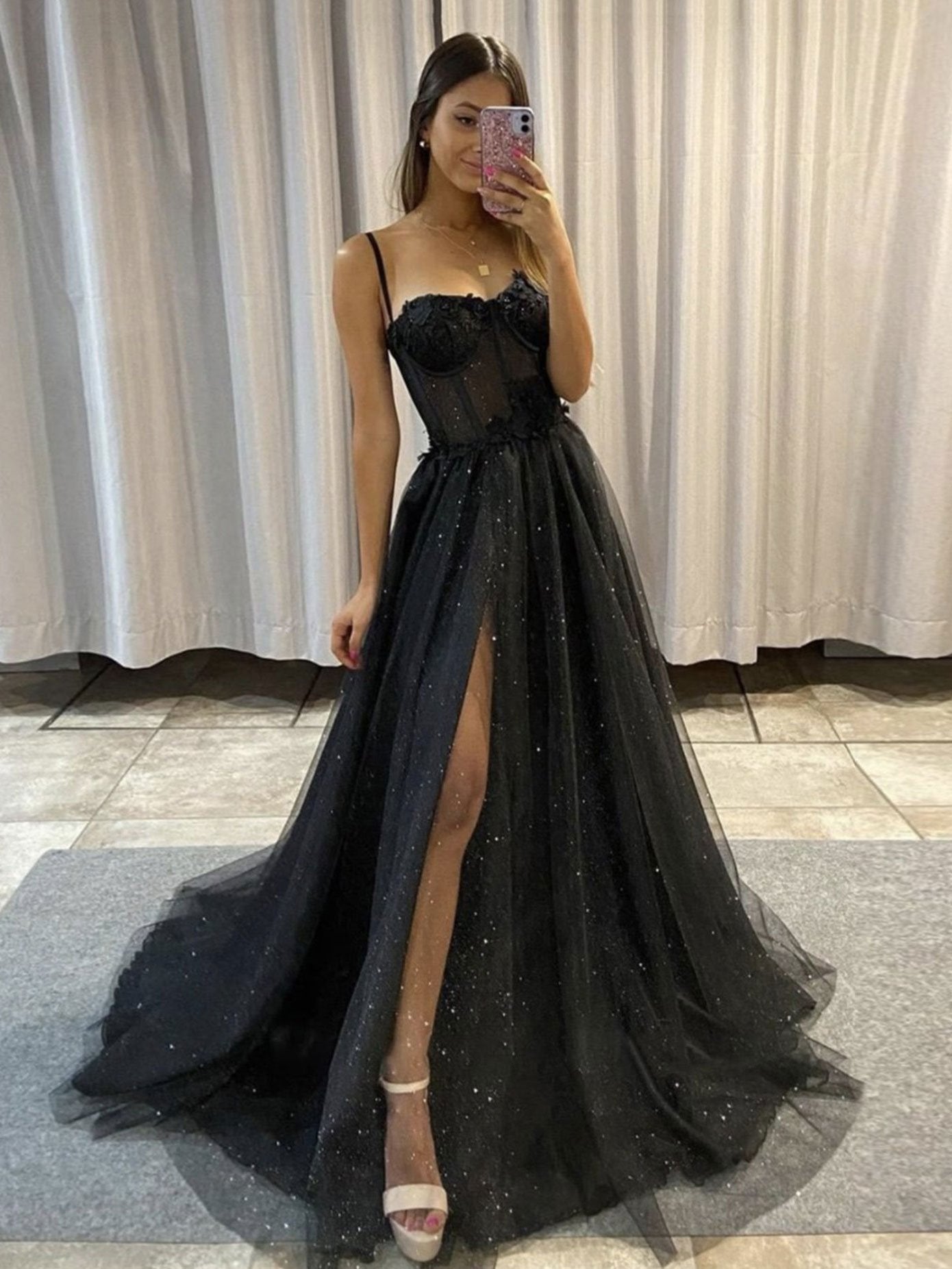 Black Sweetheart Neck Tulle Long Prom Dress Black Tulle Evening Dress