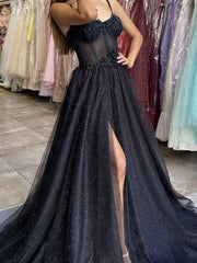 Black Sweetheart Neck Tulle Long Prom Dress Black Tulle Evening Dress