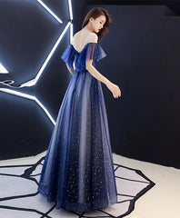 Blue V Neck Tulle Long Prom Dress, Blue Tulle Evening Dress