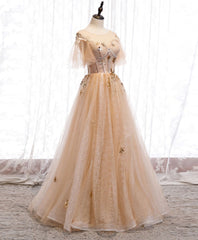 Champagne Round Neck Tulle Lace Long Prom Dress, Formal Dress