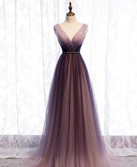 Simple V Neck Tulle Long Prom Dress, Tulle Evening Dress