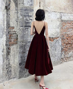 Simple Burgundy Tea Length Prom Dress, Burgundy Bridesmaid Dress