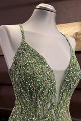 Dusty Sage Beaded Cross Back V Neck Seqins-Embroidery Long Prom Dress