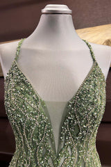 Dusty Sage Beaded Cross Back V Neck Seqins-Embroidery Long Prom Dress
