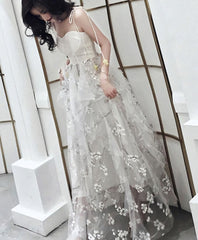 White Tulle Lace Long Prom Dress, White Tulle Lace Evening Dress, 1