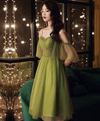 Simple Green Tulle Short Prom Dress, Green Evening Dress