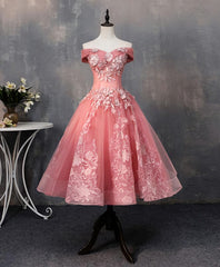 Pink Tulle Lace Off Shoulder Short Prom Dress, Pink Homecoming Dress