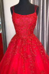 Red Lace Long Backless Prom Dresses, Red Formal Graduation Dresses