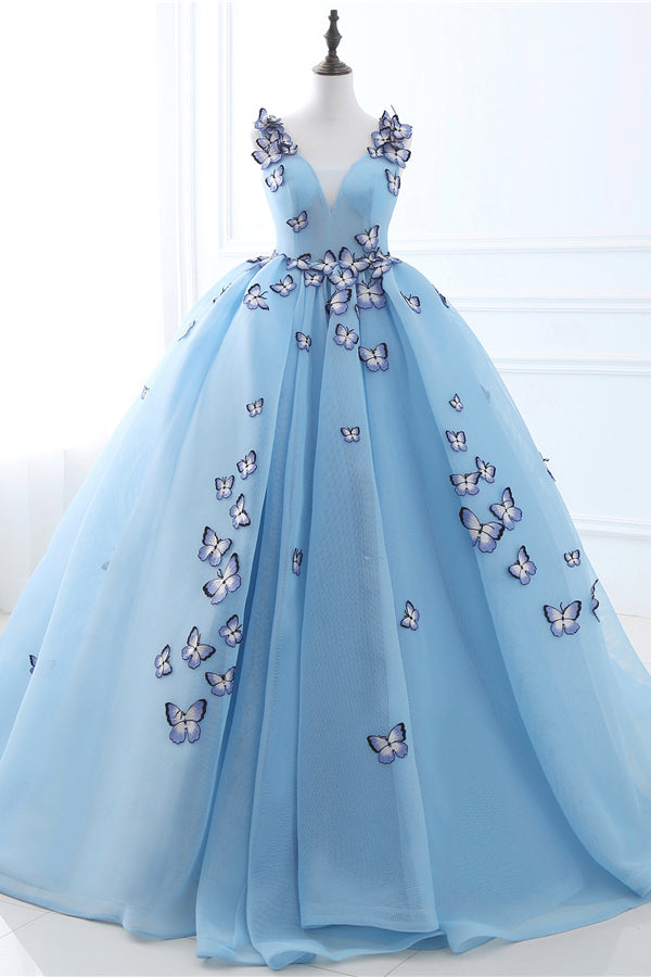 Sleeveless V Neck Long Blue Ball Gown with Butterfly