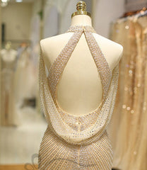 Luxurious High Neck Dubai Gold Long Evening Dress
