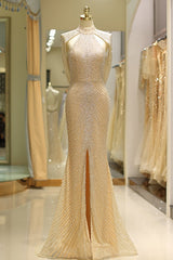 Luxurious High Neck Dubai Gold Long Evening Dress