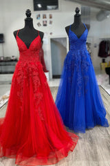 Elegant V Neck A-Line Red Appliqued Long Prom Dress