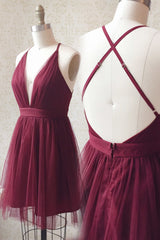 Straps A-line Burgundy Tulle Short Homecoming Dress