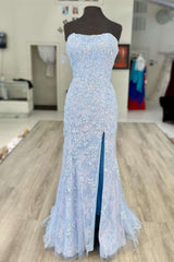 Mermaid Strapless Baby Blue Prom Dress with Appliques