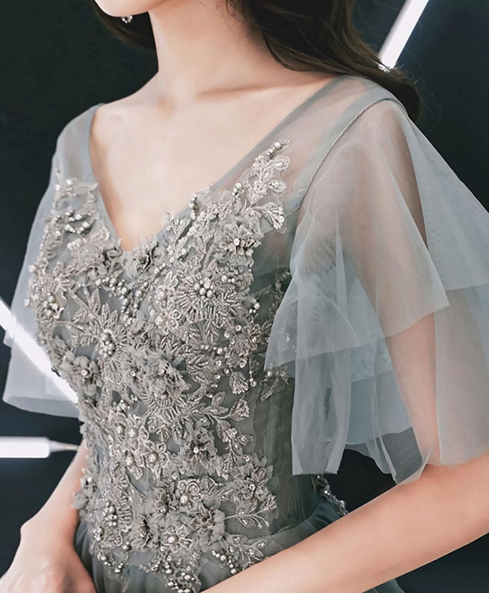 Gray V Neck Cap Sleeve Tulle Lace Long Prom Dress, Evening Dress
