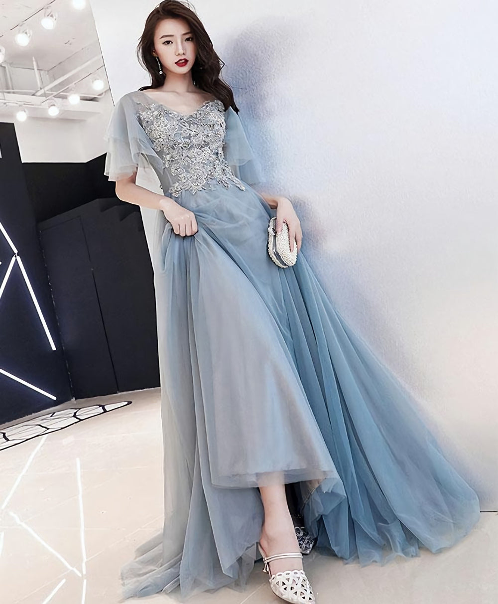 Gray V Neck Cap Sleeve Tulle Lace Long Prom Dress, Evening Dress