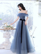 Gray Blue Tulle Long Prom Dress, Gray Blue Tulle Formal Dress