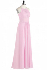 Pink Chiffon Halter Sleeveless A-Line Long Bridesmaid Dress
