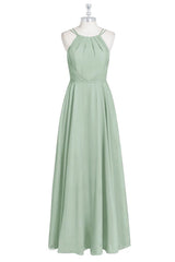 Sage Green Chiffon Halter A-Line Long Bridesmaid Dress