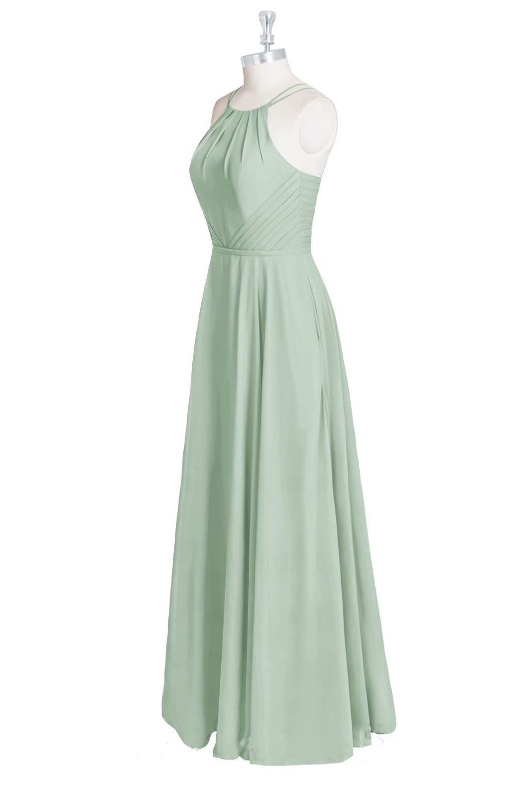 Sage Green Chiffon Halter A-Line Long Bridesmaid Dress