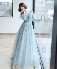 Blue V Neck Tulle Lace Long Prom Dress, Blue Lace Formal Dress