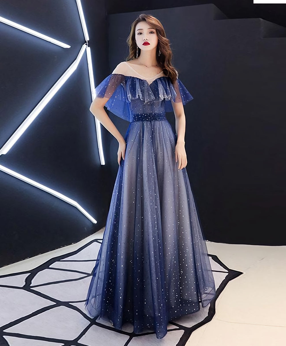 Blue V Neck Tulle Long Prom Dress, Blue Tulle Evening Dress
