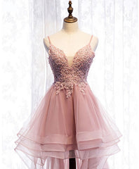 Pink Tulle Lace High Low Prom Dress, Pink Homecoming Dress, 1
