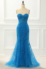 Blue Strapless Mermaid Prom Dress with Appliques