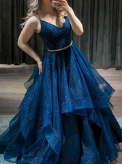 Blue V Neck Tulle Sequin Long Prom Dress, Blue Formal Dress