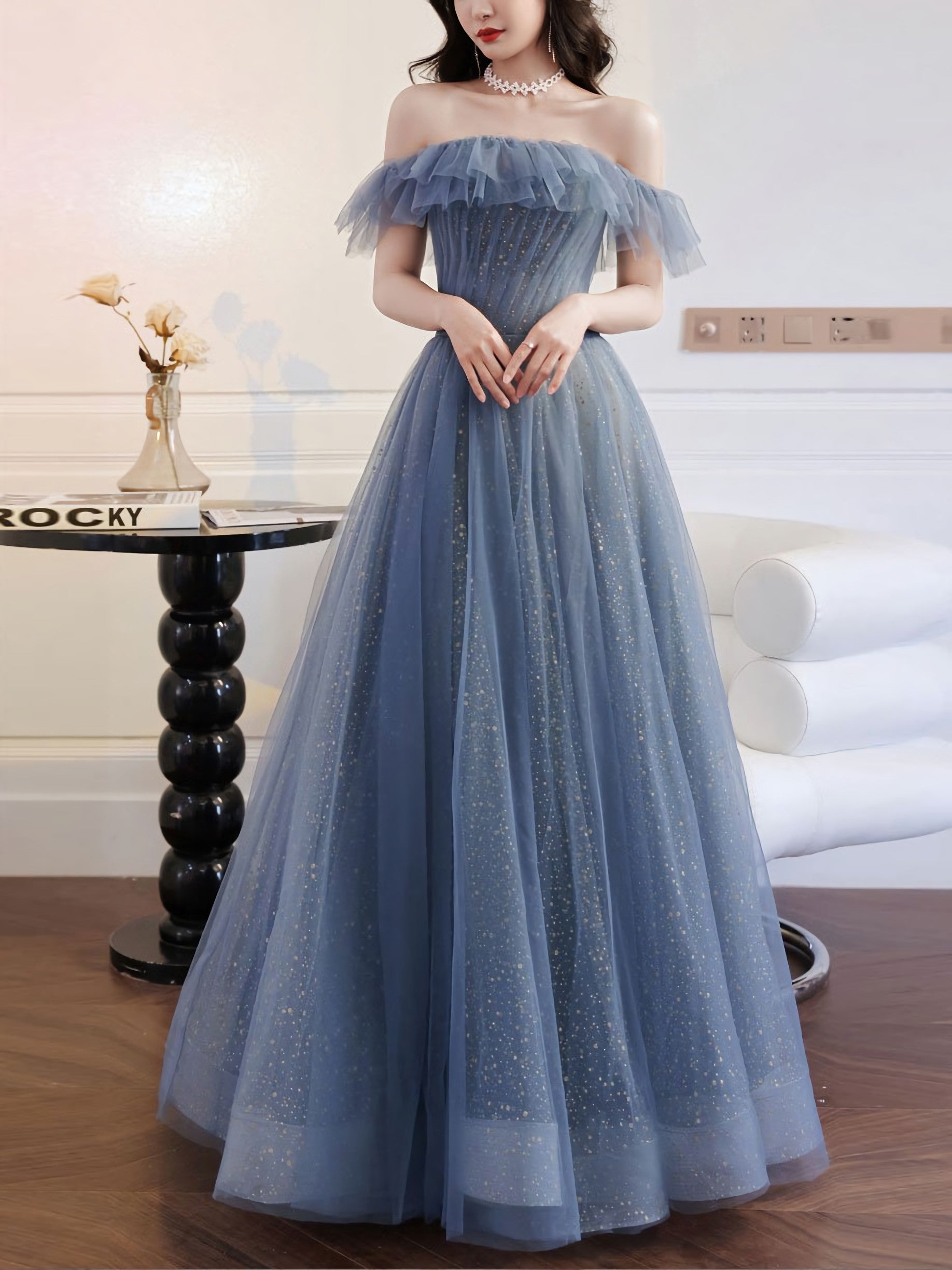 Gray Blue Tulle Long Prom Dress, Gray Blue Tulle Formal Dress