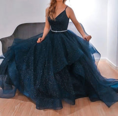 Blue V Neck Tulle Sequin Long Prom Dress, Blue Formal Dress