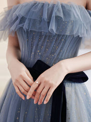 Gray Blue Tulle Long Prom Dress, Gray Blue Tulle Formal Dress