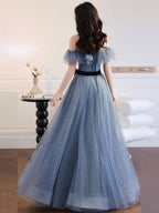 Gray Blue Tulle Long Prom Dress, Gray Blue Tulle Formal Dress